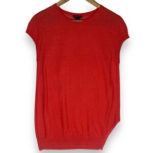 Theory Blouse Top Red Orange Open Knit Cap Sleeve‎ Sweater Side Split  S